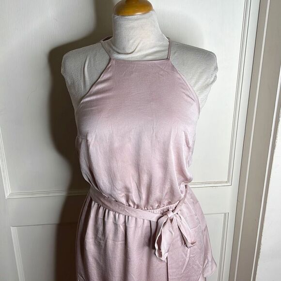 Express High Neck Asymmetrical Fit And Flare Blush Pink Dress - Medium - Picture 3 of 5